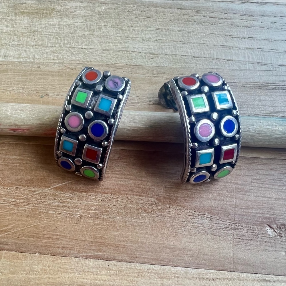 925 Sterling silver multi colored gemstones huggie hoop earring